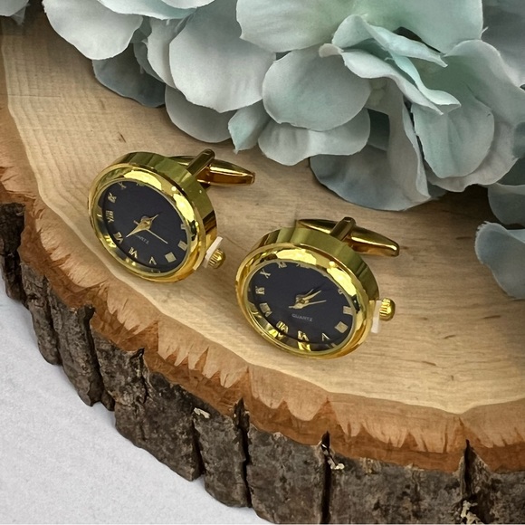 Elegant Ocean Blue and Gold Quartz Watch Cufflinks - Picture 7 of 16